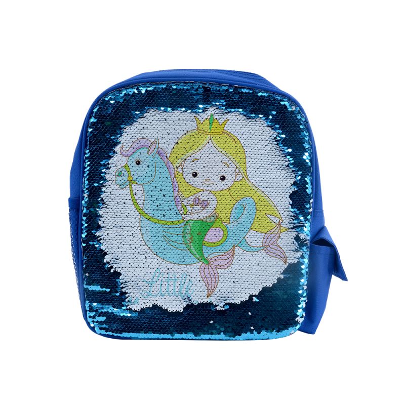 Kids blue sequin backpack with mermaid and sea horse design, blank for sublimation printing
