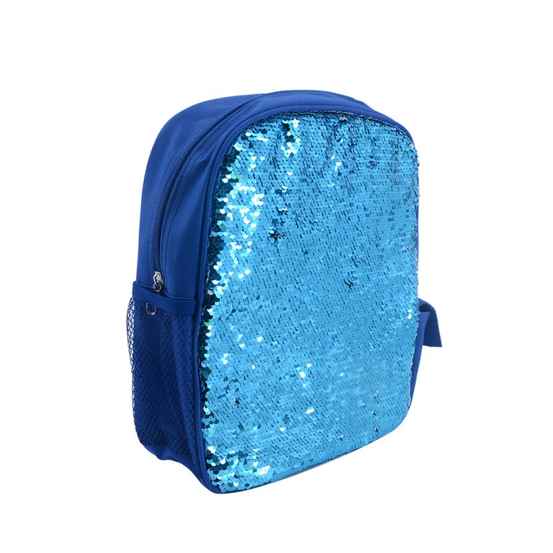 Kids blue sequin backpack blank for sublimation or laser engraving, side mesh pocket