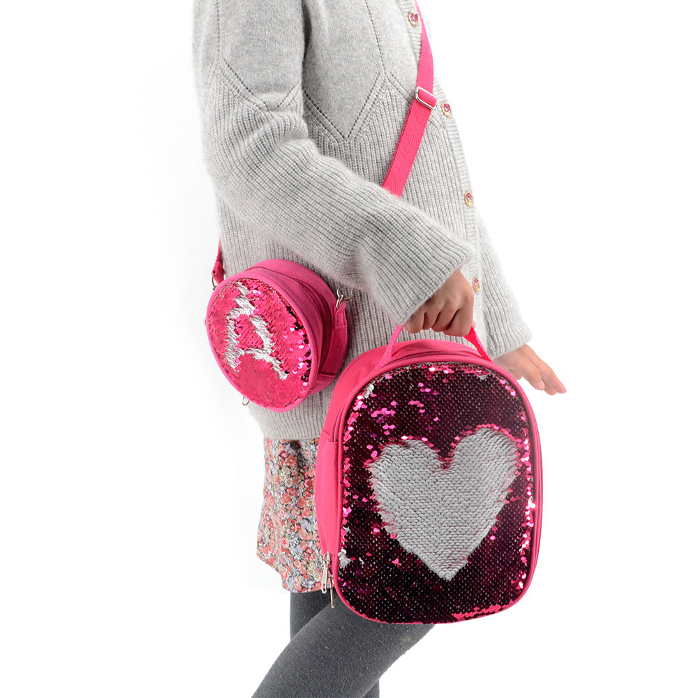 Child holding pink sequin sublimation lunch bag with heart design, suitable for laser engraving