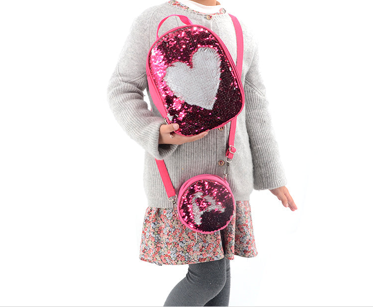 Kids pink sequin lunch bag blank with heart design, ideal for sublimation or laser engraving