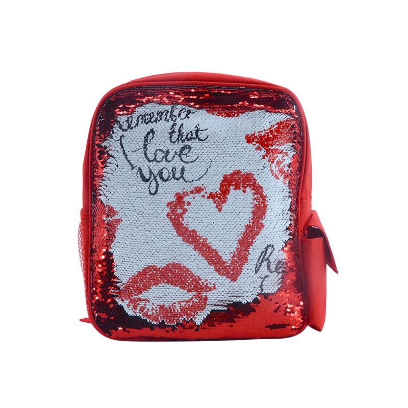 Kids red sequin backpack blank for sublimation or laser engraving with heart and lip design