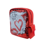 Kids red sequin backpack with blank sublimation panel for custom printing or engraving