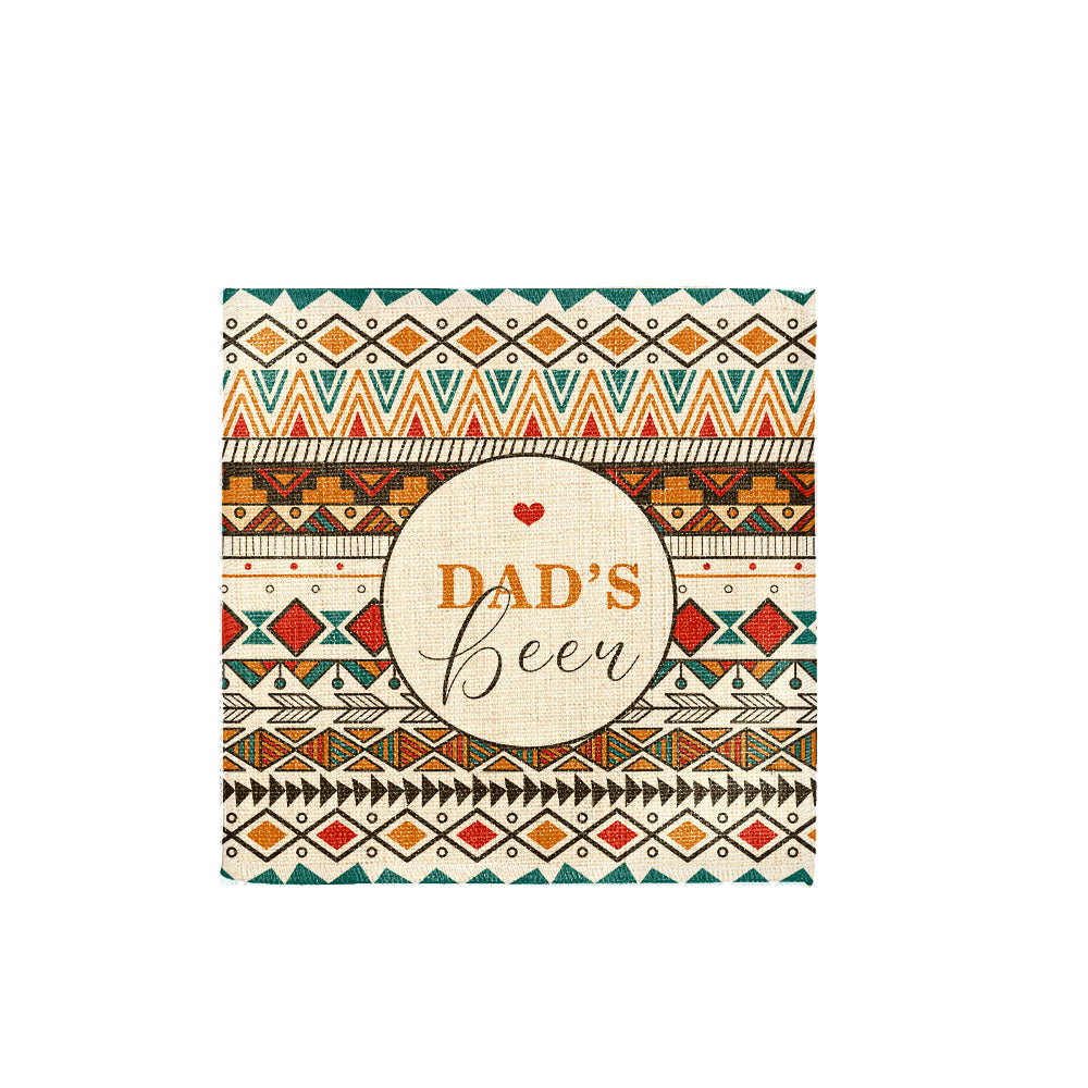 Linen sublimation coaster with colorful geometric pattern and 'Dad's Beer' text