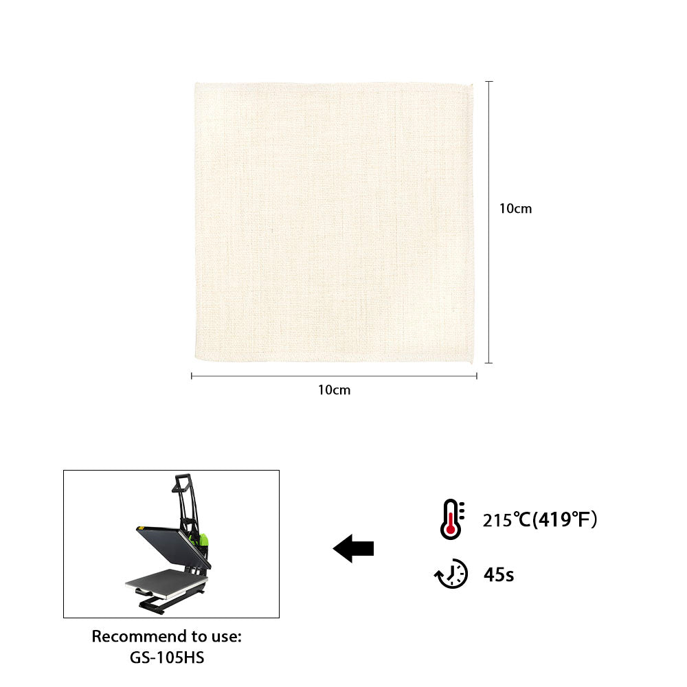 Blank linen coaster for sublimation or laser engraving, 10x10cm, with heat press instructions.