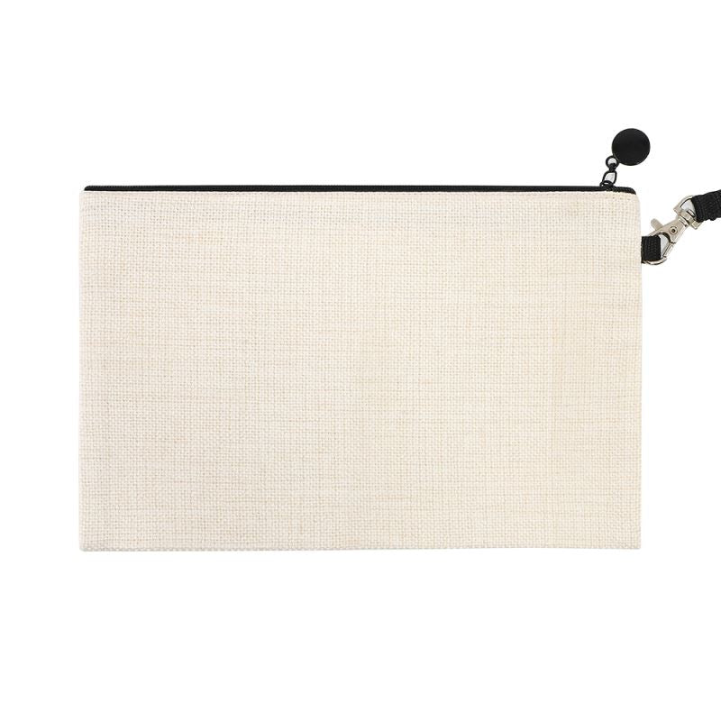 Blank linen cosmetic pouch with black zipper, ideal for sublimation and laser engraving