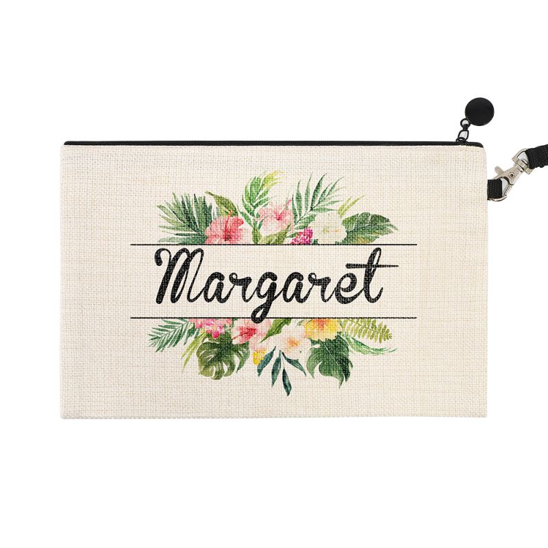 Blank linen cosmetic pouch for sublimation with zipper and detachable strap, plain background