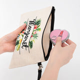Linen cosmetic pouch with floral design and zipper, ideal for sublimation or laser engraving.
