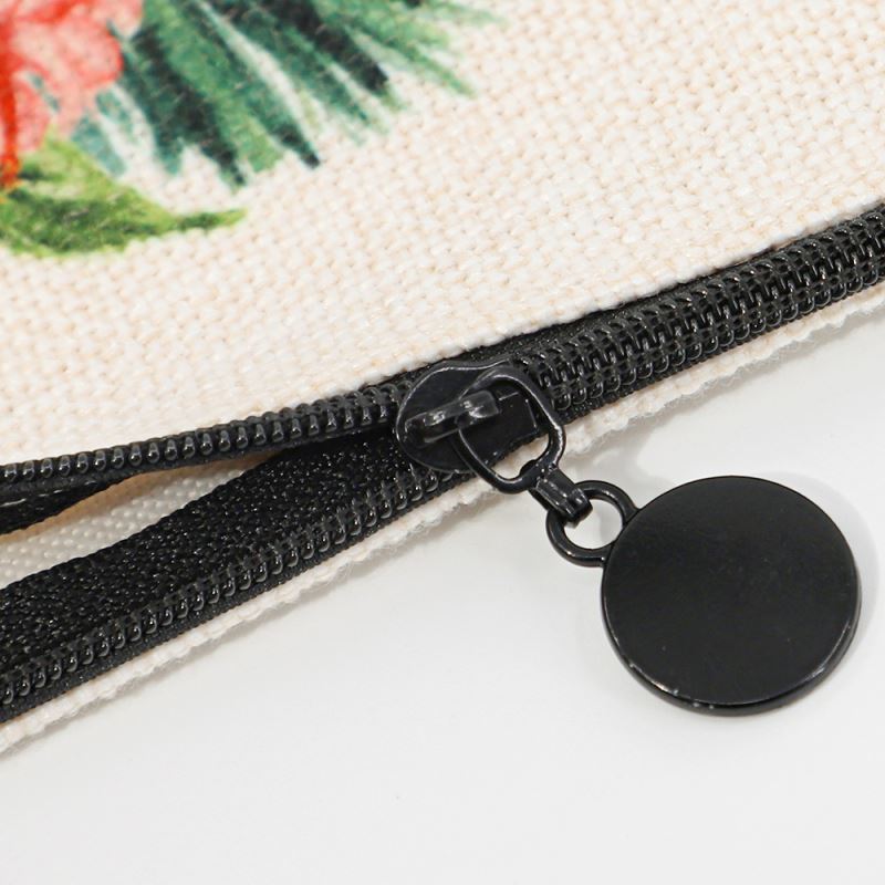Close-up of linen cosmetic pouch with black zipper, ideal for sublimation printing or engraving.