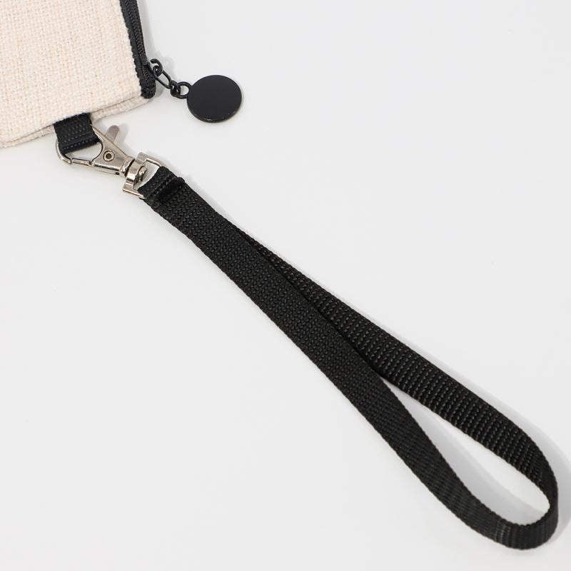 Linen cosmetic pouch with black zipper, keyring, and detachable wrist strap for sublimation