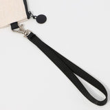 Linen cosmetic pouch with black zipper, keyring, and detachable wrist strap for sublimation