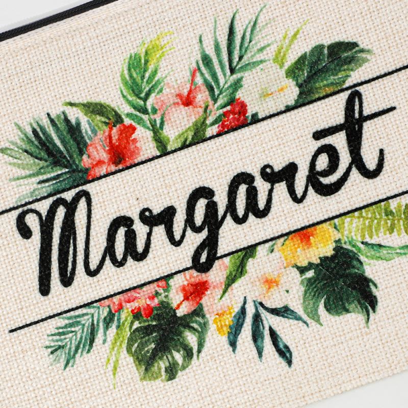 Linen cosmetic pouch blank with floral design and personalized sublimation text