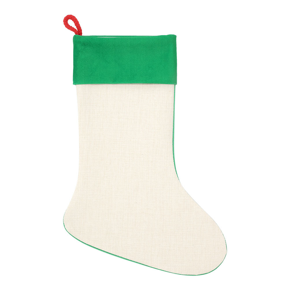Linen Christmas stocking with green cuff for sublimation or laser engraving