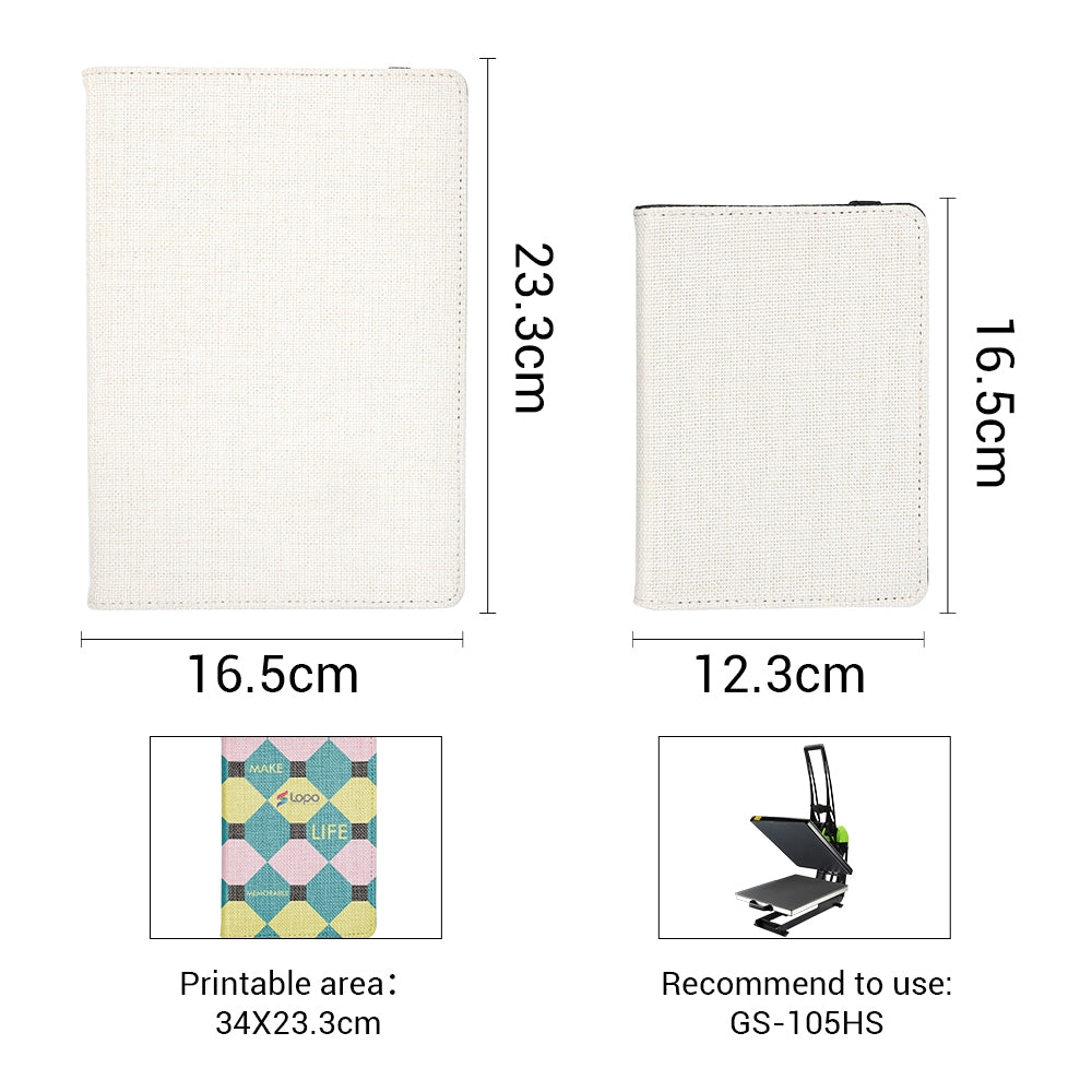 Blank linen A6 notepad for sublimation or laser engraving, shown with size dimensions and printable area.