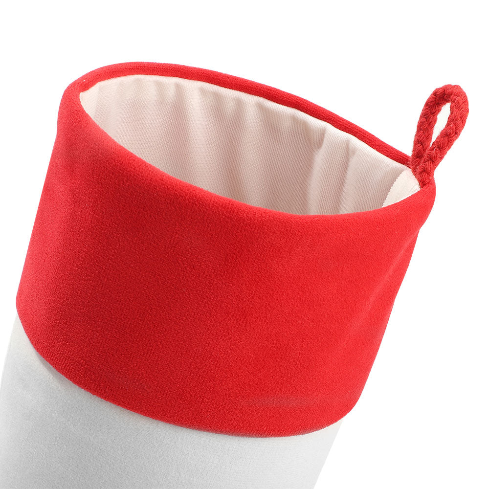 Close-up of blank red and white linen Christmas stocking for sublimation or laser engraving