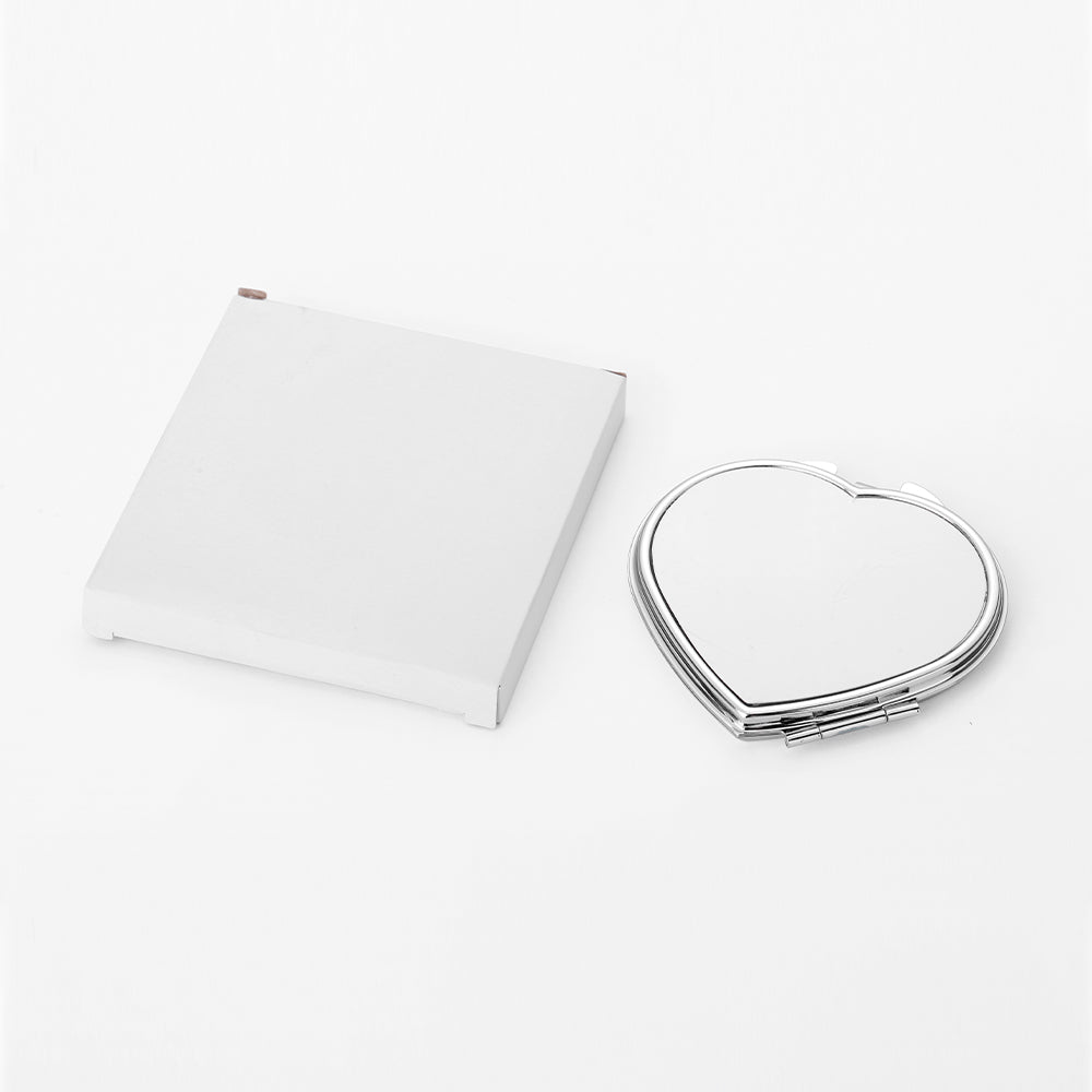 Blank heart-shaped pocket mirror for sublimation and laser engraving with white box