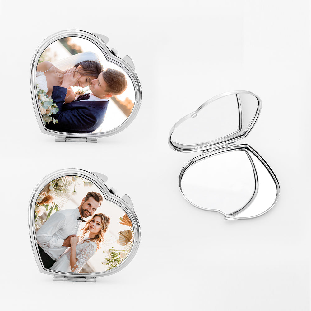 Heart-shaped sublimation blank pocket mirrors with personalised wedding photos, silver finish