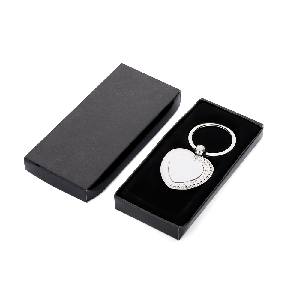 Heart-shaped metal keyring for sublimation or laser engraving in a black gift box