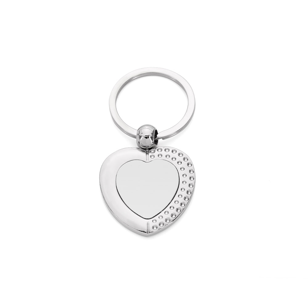 Silver heart-shaped metal keyring with textured edge, ideal for sublimation or laser engraving