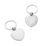 Silver heart-shaped metal keyrings for sublimation or laser engraving, plain and beaded edge