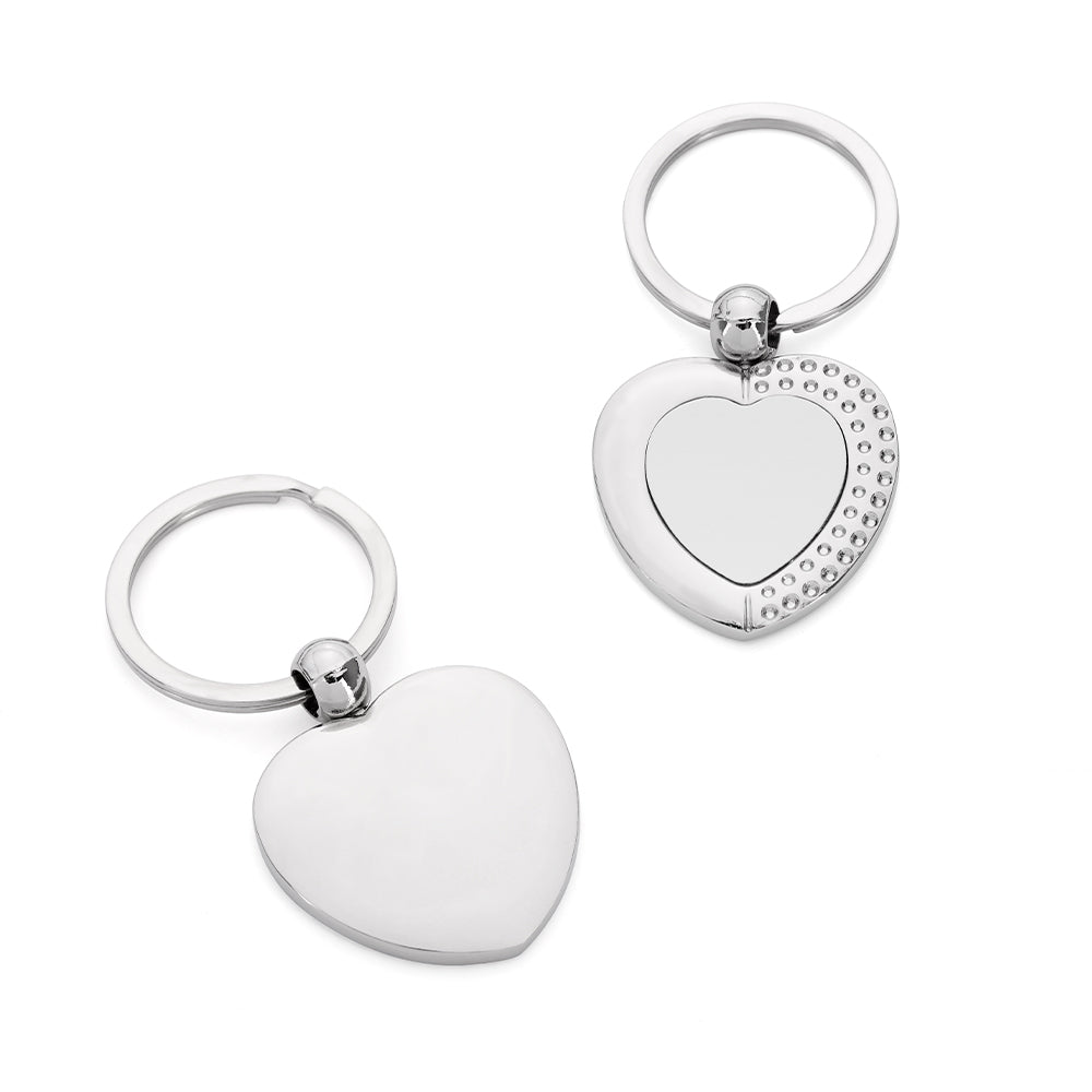 Silver heart-shaped metal keyrings for sublimation or laser engraving, plain and beaded edge