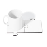 White blank MDF Couple Coaster Set with puzzle fit, used as a mug base, ideal for sublimation printing and home decor.