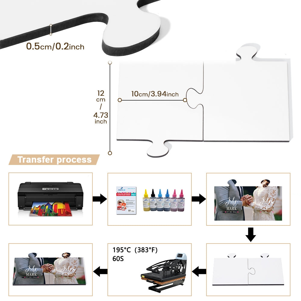 MDF Couple Coaster Set sublimation process guide showing blank to printed transformation using heat press at 195°C for 60 seconds.