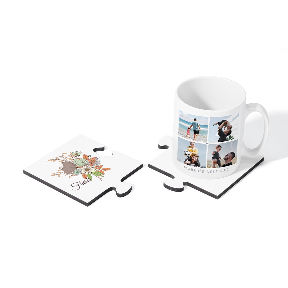 Custom printed MDF Couple Coaster Set used with mug, showcasing floral and photo designs, perfect for personalized gifts.
