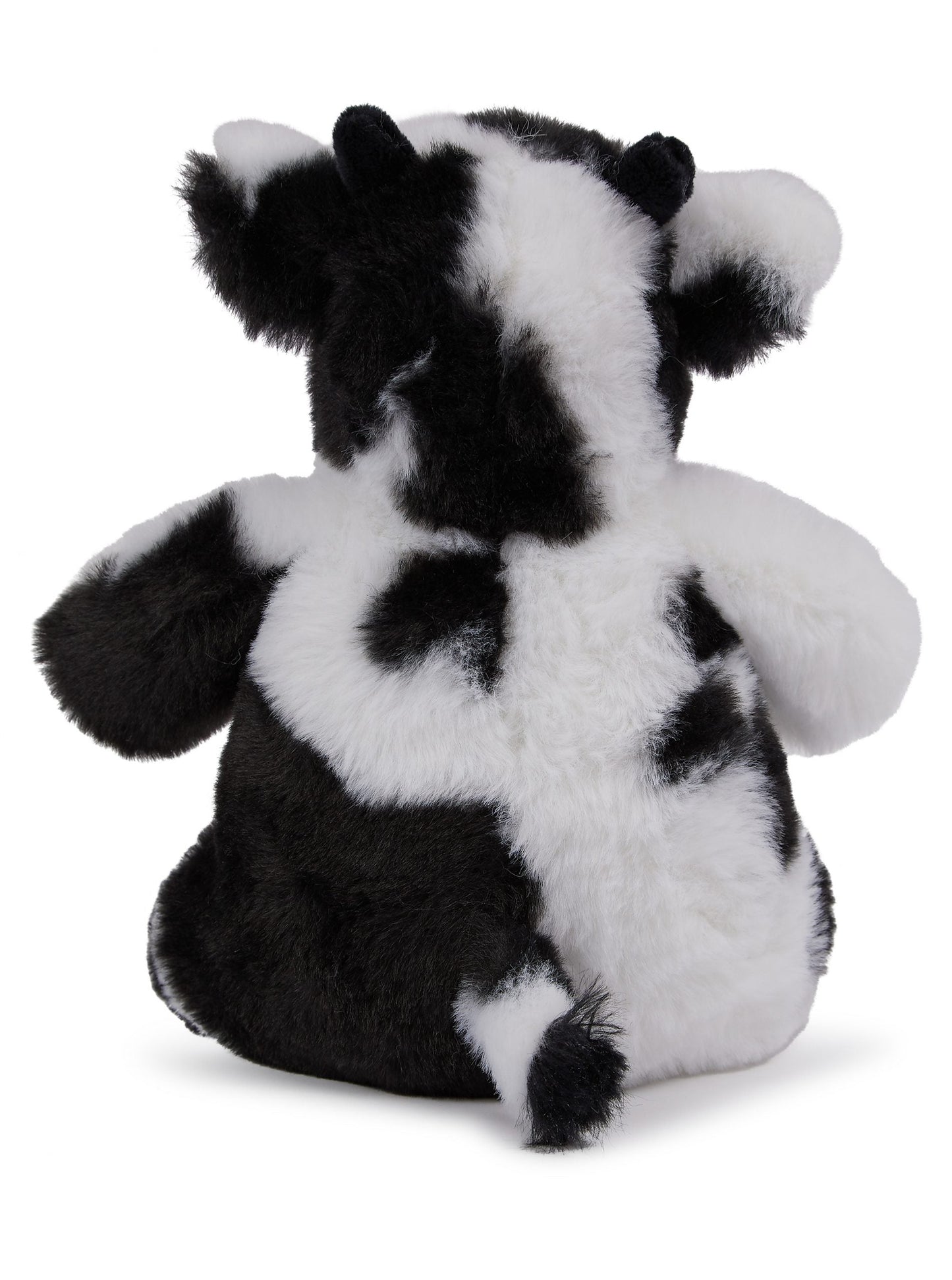 Back view of Mumbles Black & White Cow - Sublimation Blank stuffed animal, featuring black and white fur ideal for custom designs.