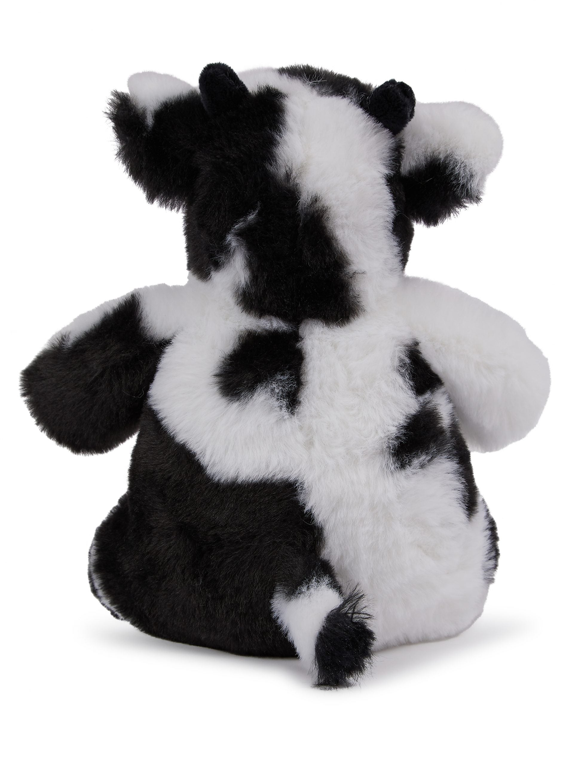 Back view of Mumbles Black & White Cow - Sublimation Blank stuffed animal, featuring black and white fur ideal for custom designs.
