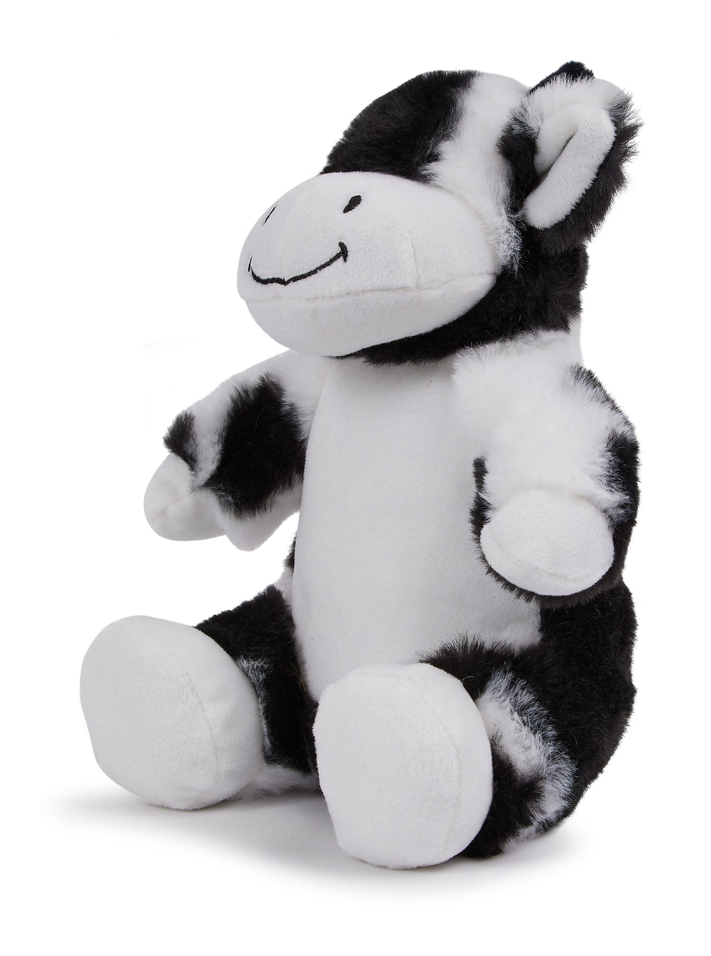Side view of Mumbles Black & White Cow - Sublimation Blank soft toy, perfect for sublimation printing and special occasion keepsakes.