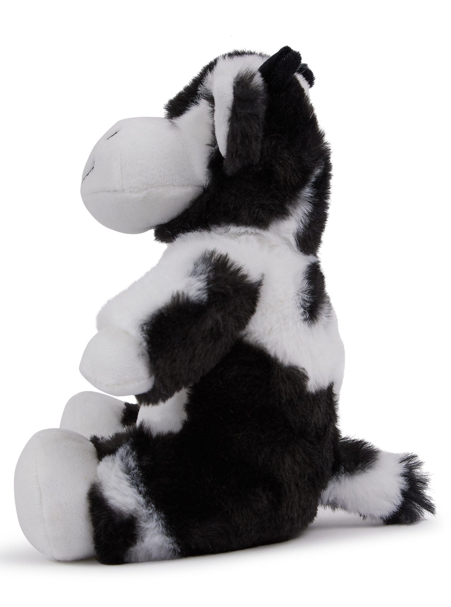 Left profile of Mumbles Black & White Cow - Sublimation Blank teddy bear, showcasing its plush texture and sublimation-ready surface.