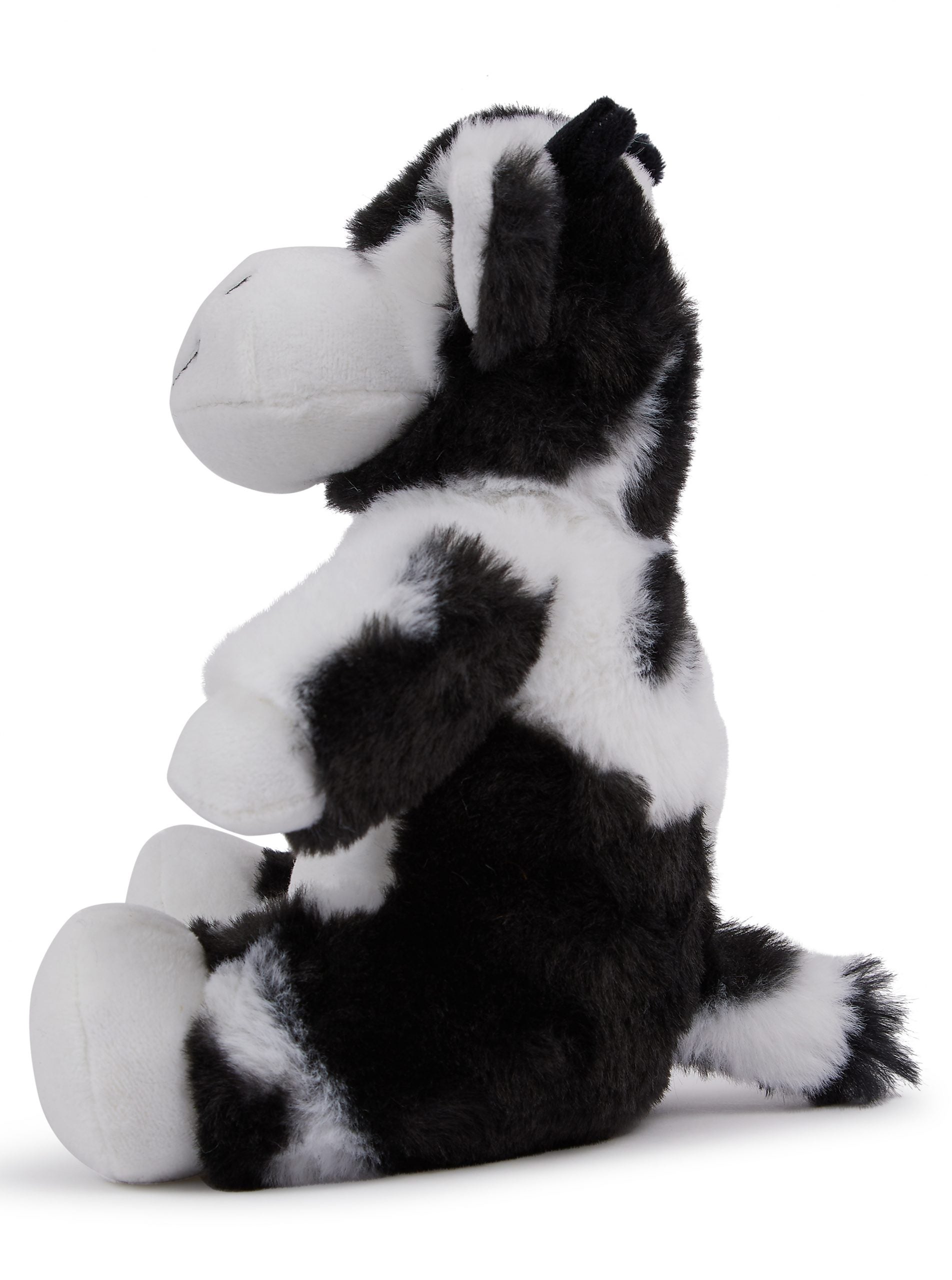 Left profile of Mumbles Black & White Cow - Sublimation Blank teddy bear, showcasing its plush texture and sublimation-ready surface.