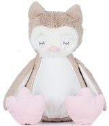 Mumbles Zippie light brown owl with soft fur, closed eyes, and pink feet, perfect for cuddling and personalizing.