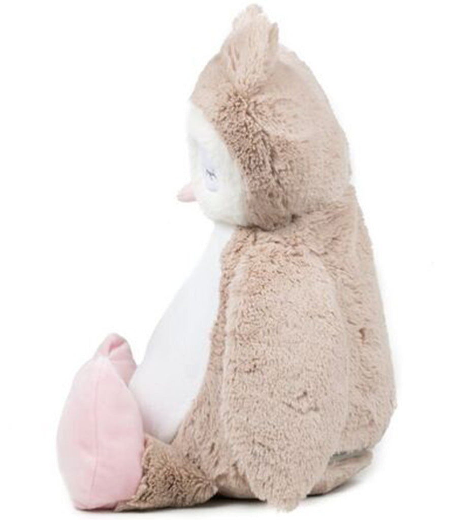 Mumbles Zippie light brown owl plush toy side view, showcasing its soft fur and sweet expression.