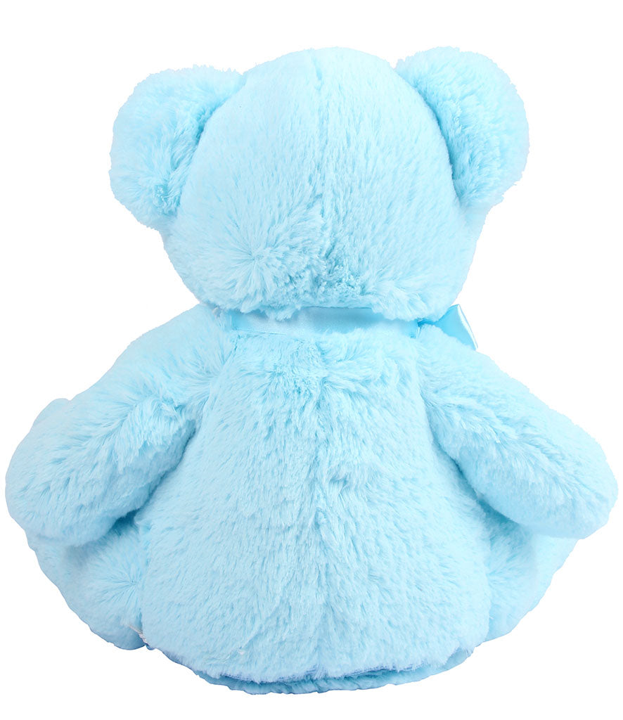 Mumbles Zippie blue New Baby Bear plush toy with soft fur and cute design, perfect for cuddling and personalisation.