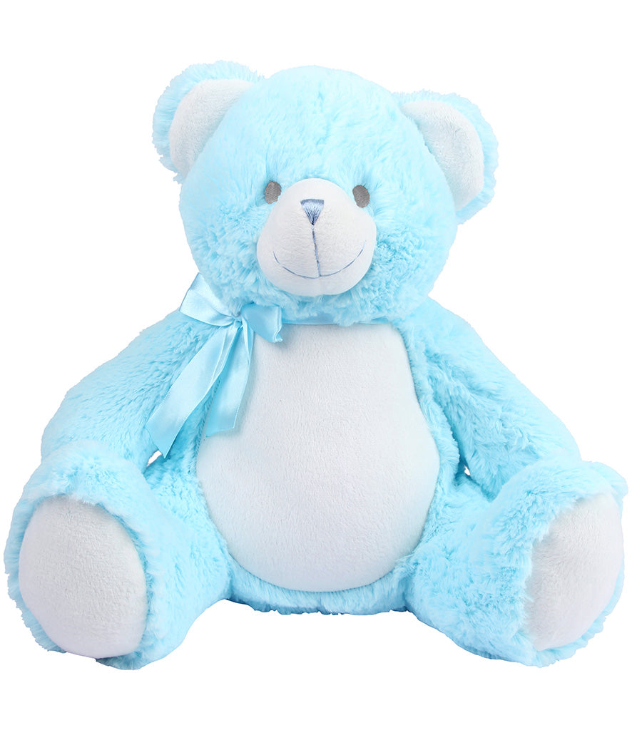Mumbles Zippie  blue New Baby Bear in soft blue fur with a cute expression and a bow, perfect for cuddling and gifting.