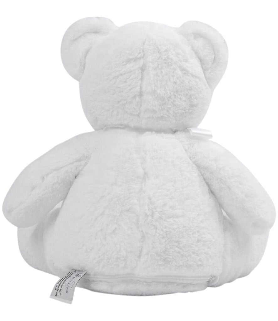 Back view of the Mumbles Zippie New Baby Bear with ultra-soft white fur, perfect for cuddling and customisation.