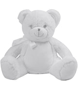 Mumbles Zippie New Baby Bear, soft white bear with a bow, perfect for cuddling and personalization.