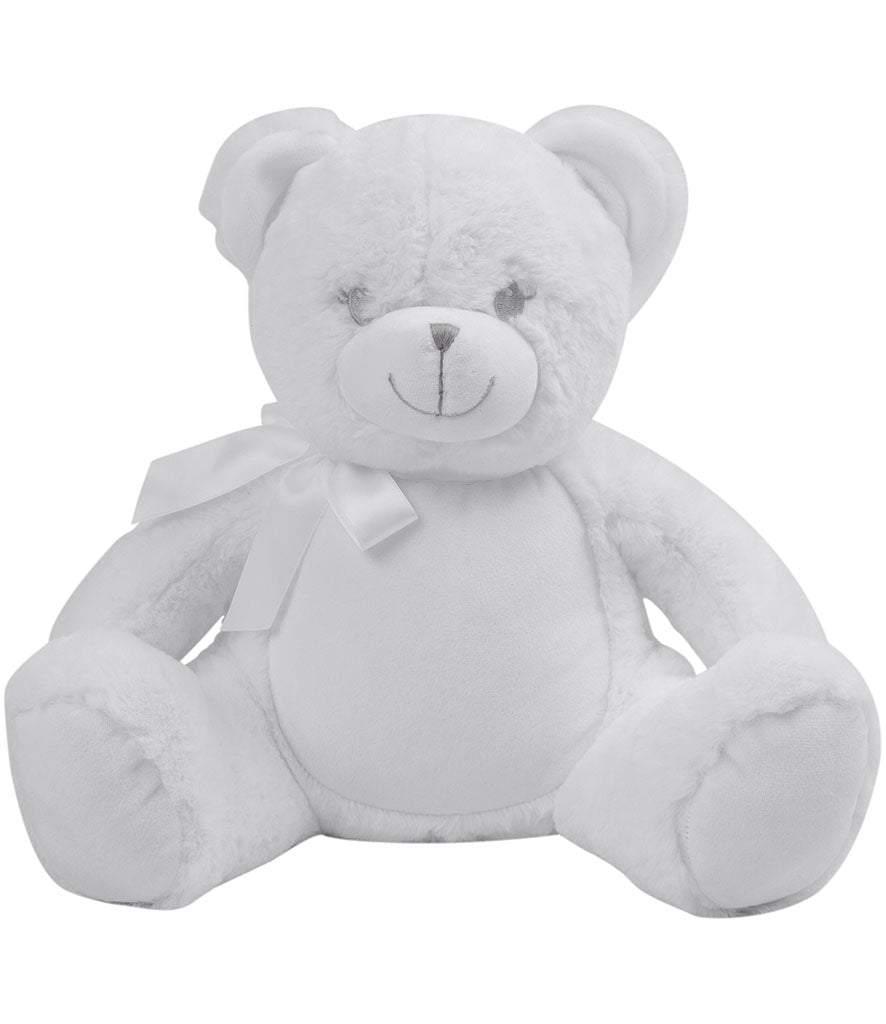 Mumbles Zippie New Baby Bear, soft white bear with a bow, perfect for cuddling and personalization.