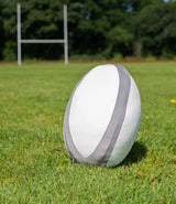 Mumbles Zippie rugby ball resting on grass field, perfect for cuddling and personalisation.