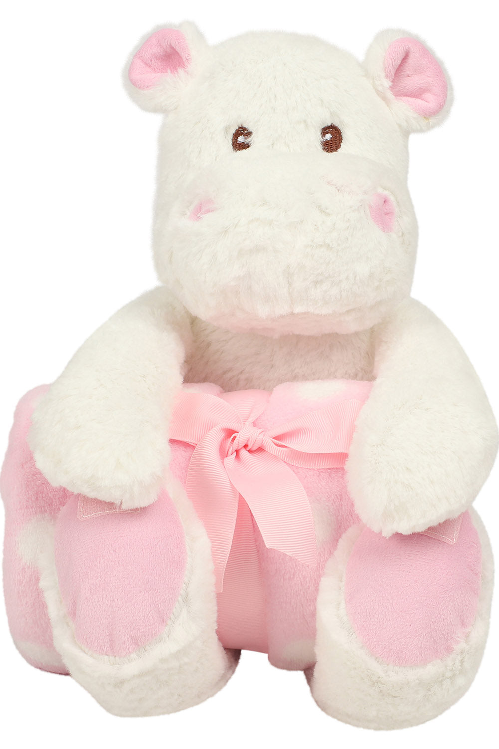 Mumbles Hippo With Pink Blanket plush toy featuring soft white fur, pink ears, and a rolled pink blanket tied with a ribbon, ideal for gifting.