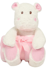 Mumbles Hippo With Pink Blanket plush toy featuring soft white fur, pink ears, and a rolled pink blanket tied with a ribbon, ideal for gifting.