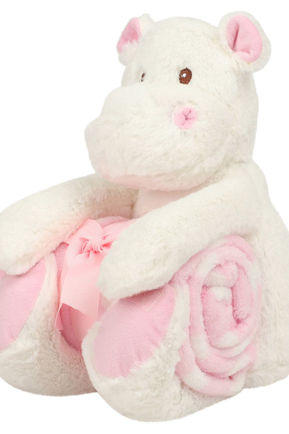 Side view of Mumbles Hippo With Pink Blanket stuffed animal holding a swirl-textured pink blanket, perfect for sublimation and special occasions.