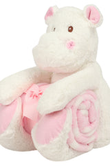 Side view of Mumbles Hippo With Pink Blanket stuffed animal holding a swirl-textured pink blanket, perfect for sublimation and special occasions.