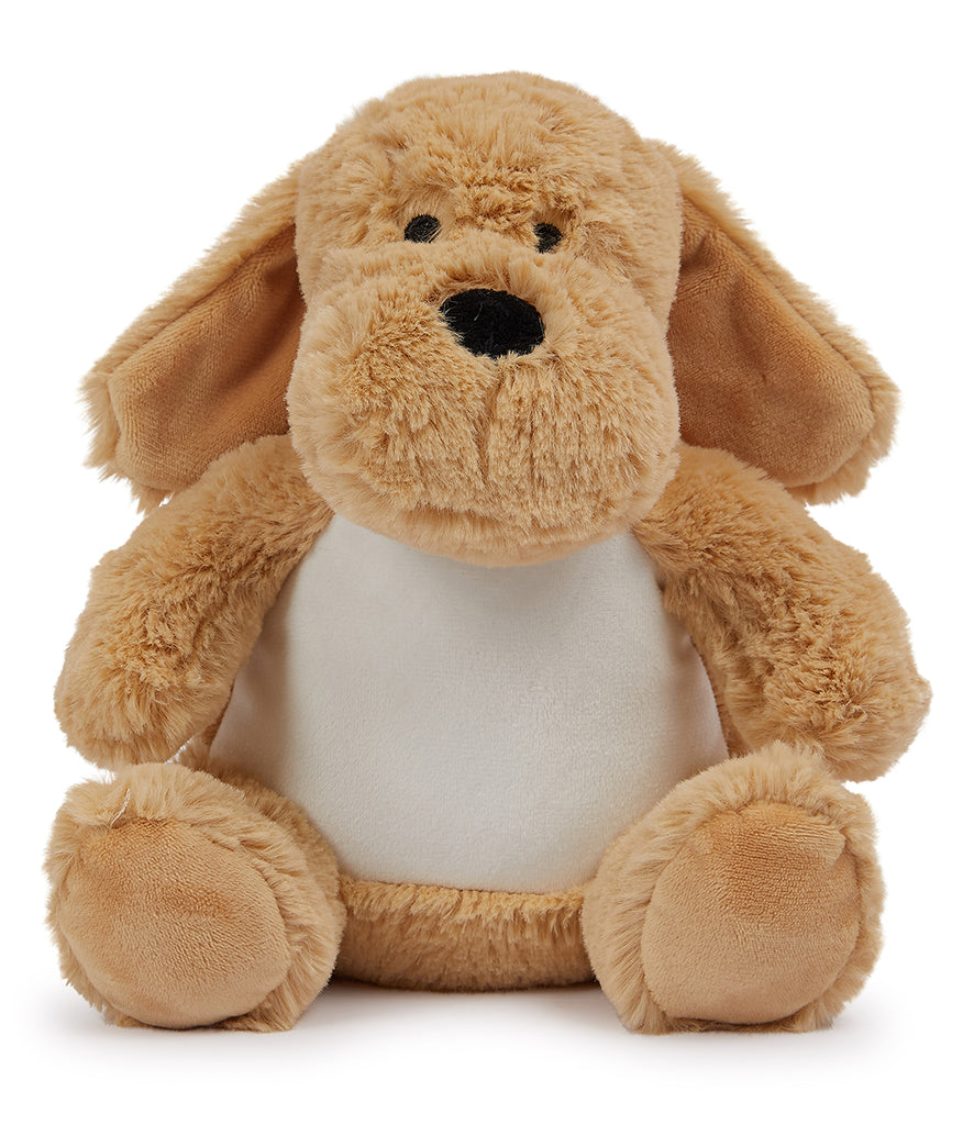 Mumbles Brown Dog plush toy with soft tan fur and white sublimation panel, ideal for custom printing and gifting on special occasions.