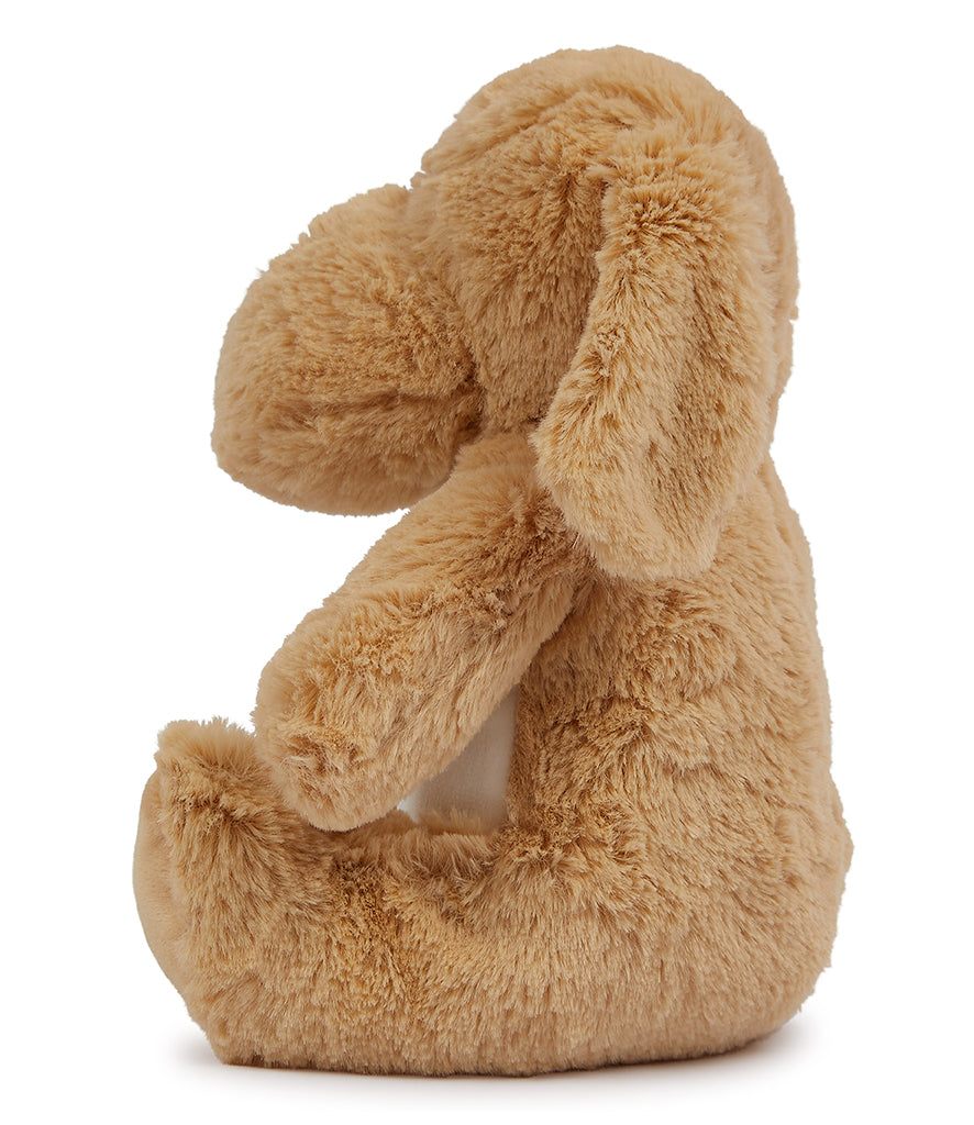 Side profile of Mumbles Brown Dog teddy bear featuring soft texture and customizable white belly, great for keepsake gifts.