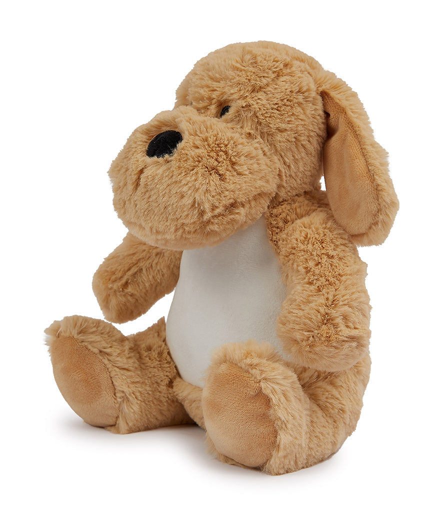 Angled view of Mumbles Brown Dog plush with floppy ears and white sublimation area, ideal for personalized toy collections or gifts.