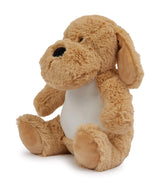Angled view of Mumbles Brown Dog plush with floppy ears and white sublimation area, ideal for personalized toy collections or gifts.