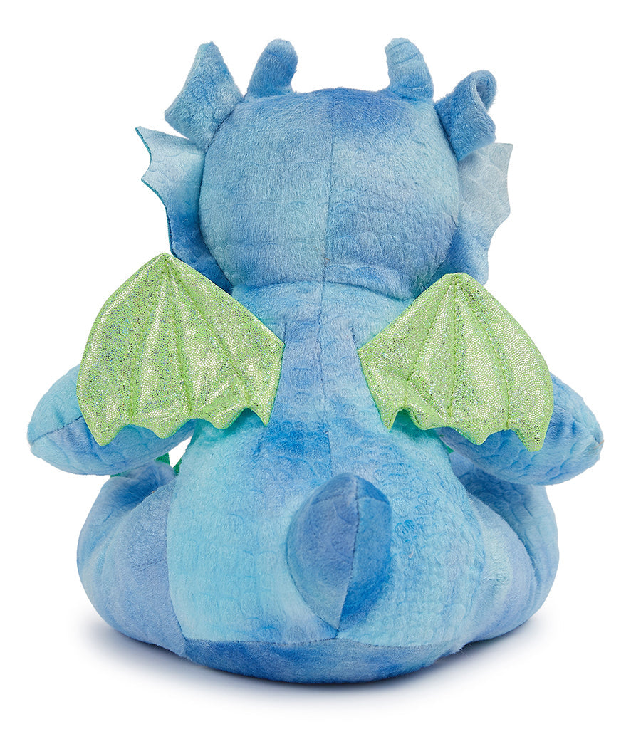 Back view of Mumbles Blue Dragon showing sparkly green wings and tail, perfect for personalized gifts and special occasions.