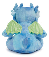 Back view of Mumbles Blue Dragon showing sparkly green wings and tail, perfect for personalized gifts and special occasions.